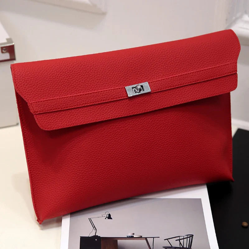 Simple Red PU Leather Envelope Clutch Bag for Women