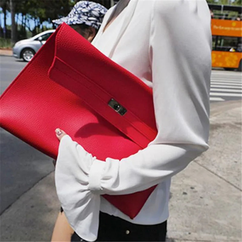 Simple Red PU Leather Envelope Clutch Bag for Women