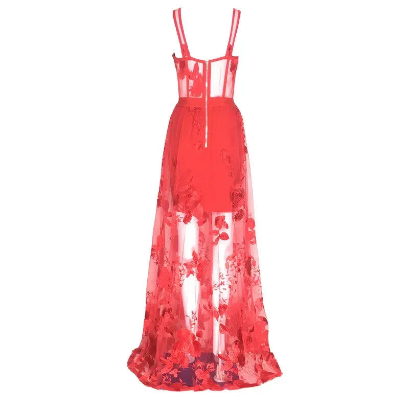 Lace Sweetheart Strappy Sheer A-Line Maxi Dress