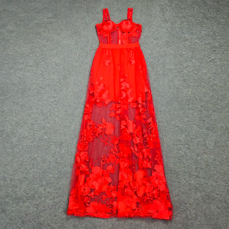 Lace Sweetheart Strappy Sheer A-Line Maxi Dress