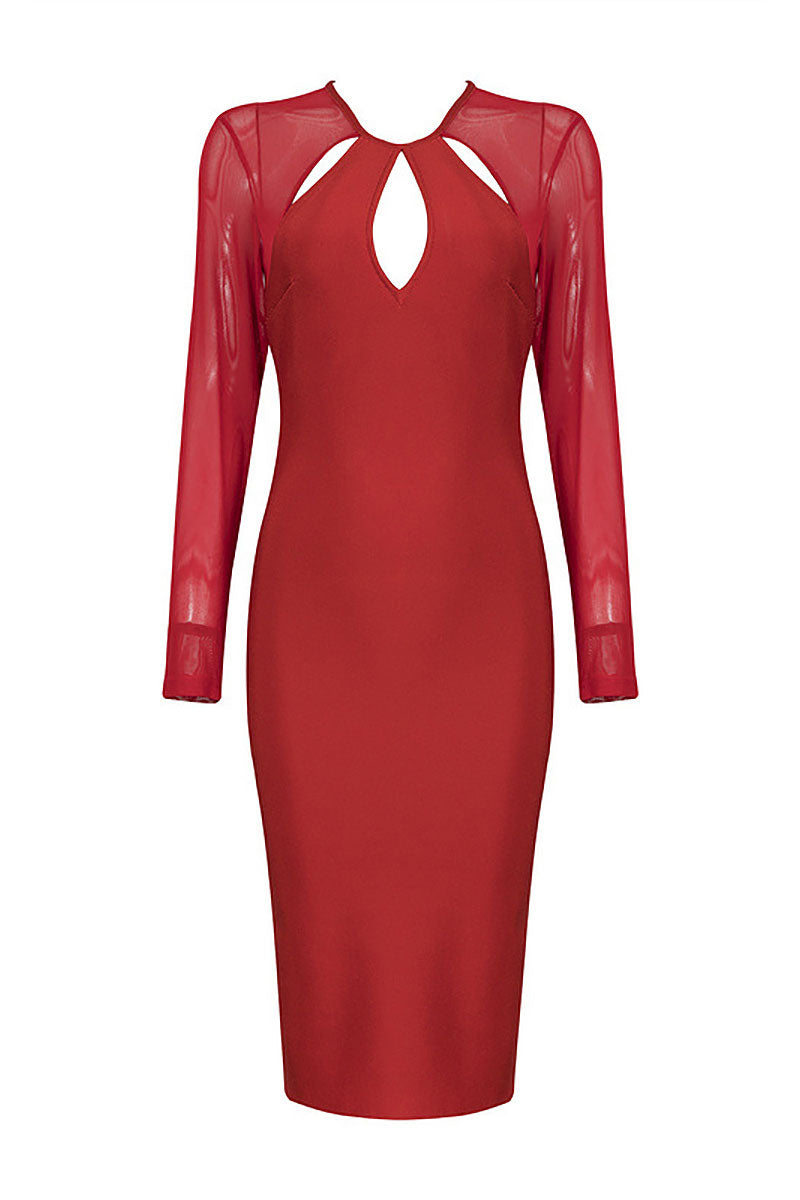 Red Cut Out Bandage Dress With Long Sleeves