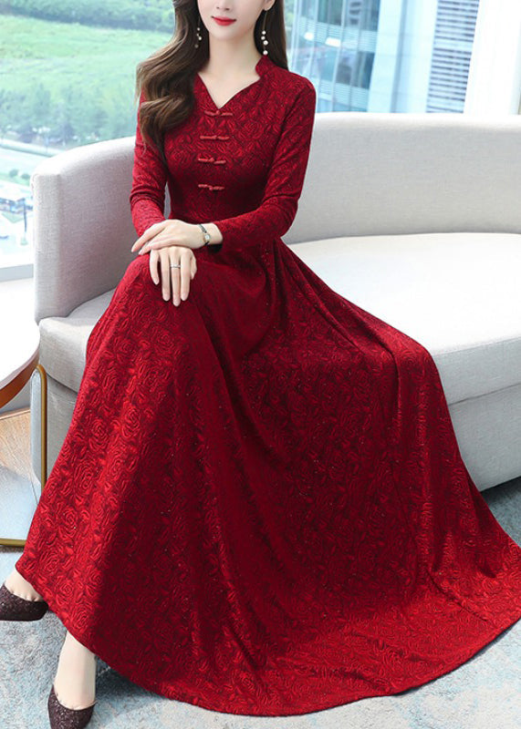 Jacquard Rose Embossed Mandarin Collar Frog A-Line Maxi Gown