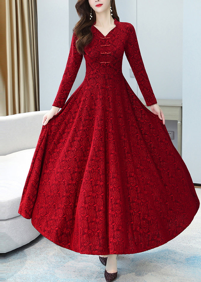 Jacquard Rose Embossed Mandarin Collar Frog A-Line Maxi Gown - View 2