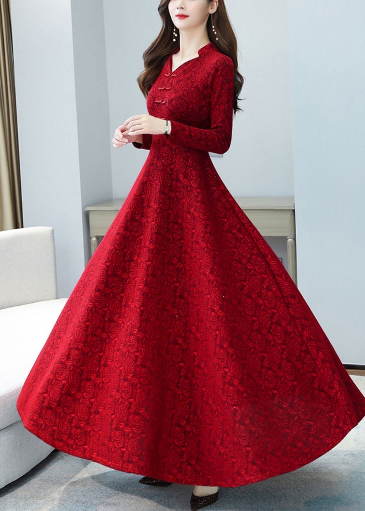 Jacquard Rose Embossed Mandarin Collar Frog A-Line Maxi Gown - View 3