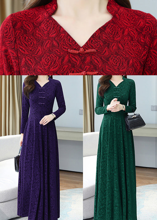 Jacquard Rose Embossed Mandarin Collar Frog A-Line Maxi Gown - View 5