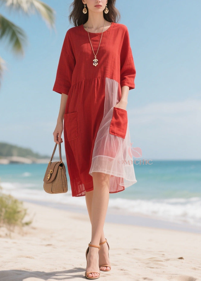 Round Neck Elbow Sleeve Patch Pocket Tulle Panel Midi Dress