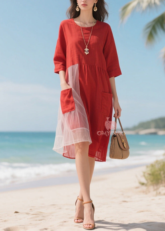 Round Neck Elbow Sleeve Patch Pocket Tulle Panel Midi Dress - View 3