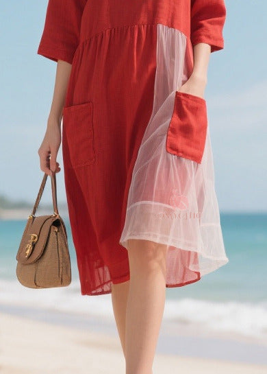 Round Neck Elbow Sleeve Patch Pocket Tulle Panel Midi Dress - View 4