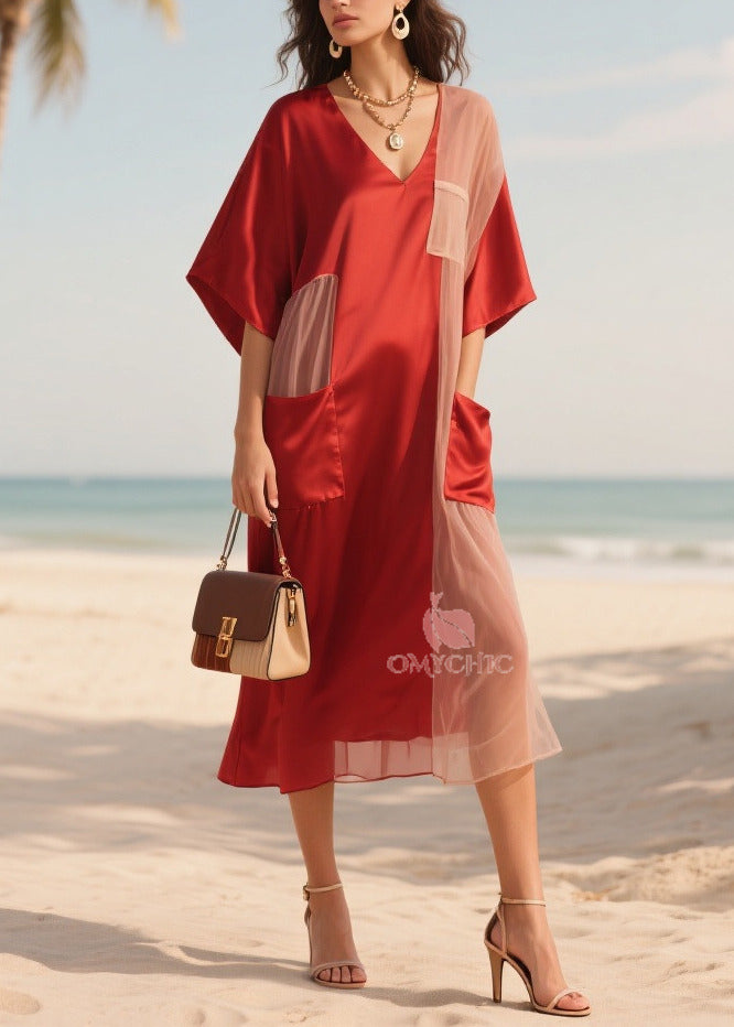 Mesh Side Panel Deep V-Neck Kimono Sleeve Patch Pocket Midi Dress