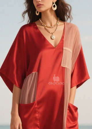 Mesh Side Panel Deep V-Neck Kimono Sleeve Patch Pocket Midi Dress - View 2