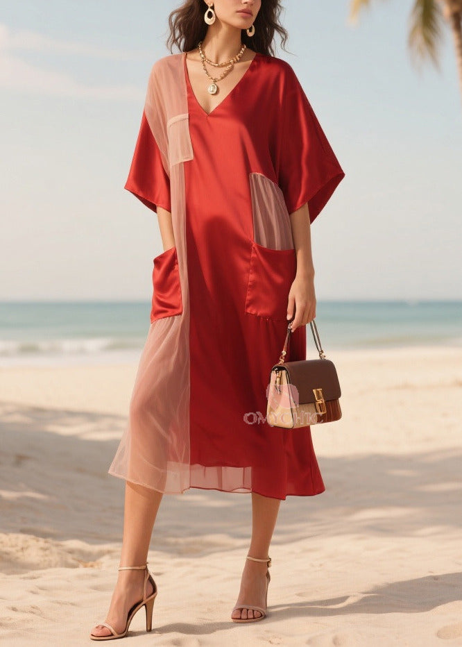 Mesh Side Panel Deep V-Neck Kimono Sleeve Patch Pocket Midi Dress - View 3