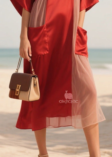 Mesh Side Panel Deep V-Neck Kimono Sleeve Patch Pocket Midi Dress - View 4