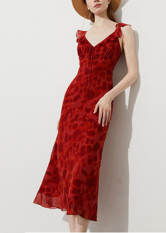 Red Print Chiffon Ankle Dress Ruffled Summer - View 2