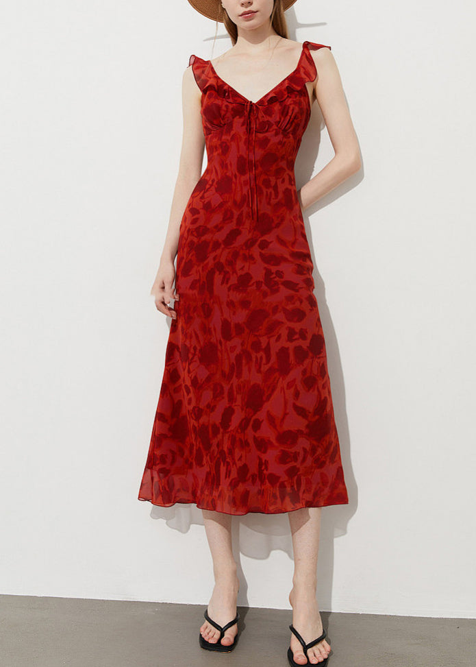 Red Print Chiffon Ankle Dress Ruffled Summer - View 3