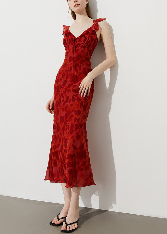 Red Print Chiffon Ankle Dress Ruffled Summer - View 4