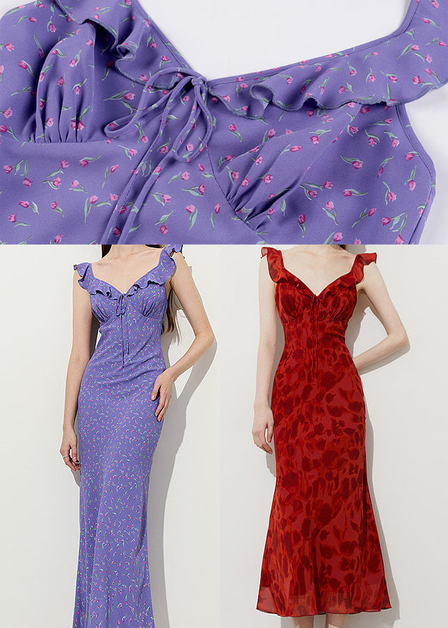 Red Print Chiffon Ankle Dress Ruffled Summer - View 5