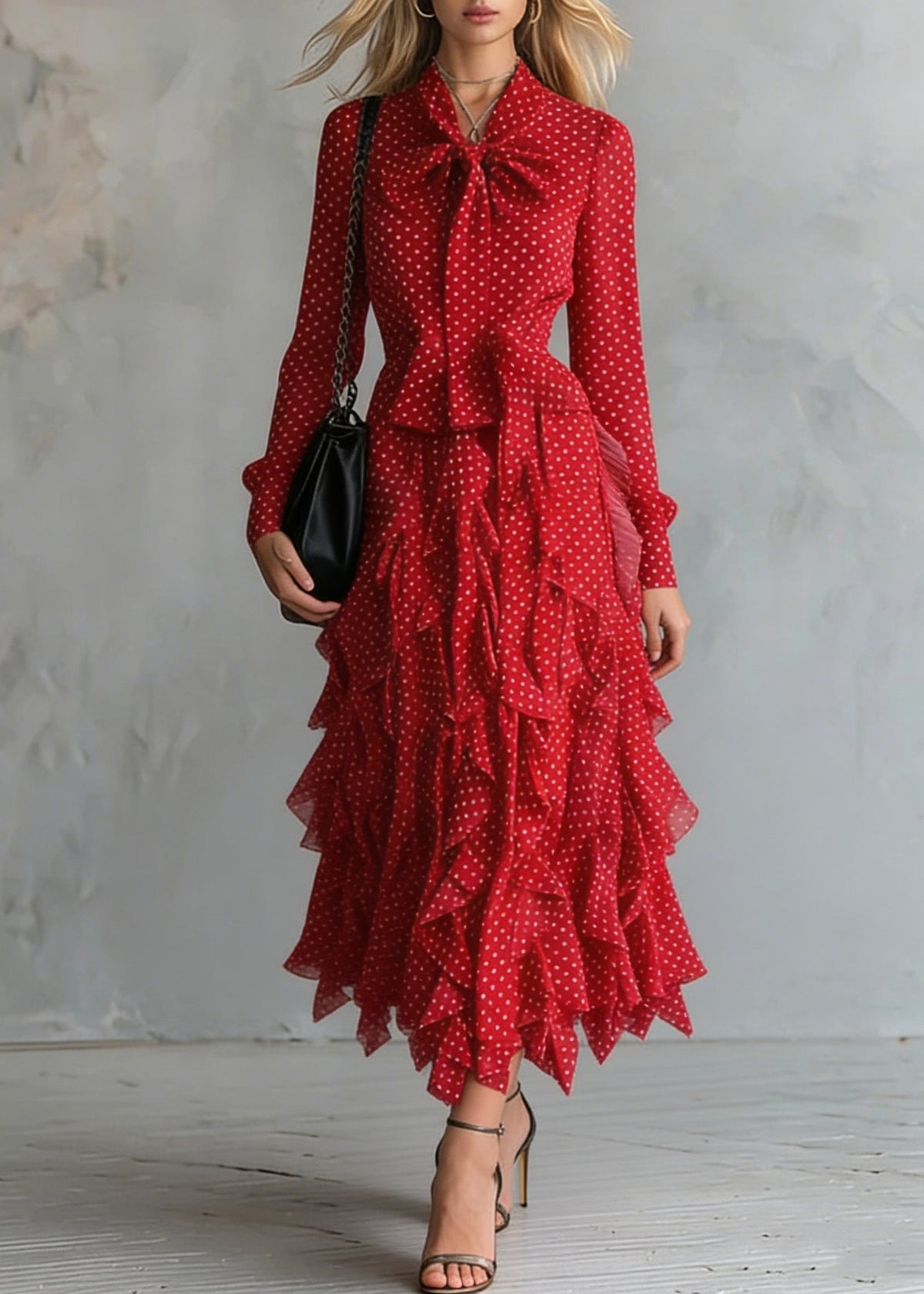 Polka Dot Chiffon Pussy Bow Long Sleeve Tiered Ruffle Midi Dress