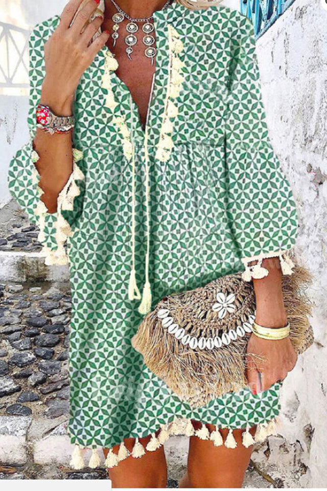 Red Print Tassel V-neck Petal Sleeve Dress  Fashionpara