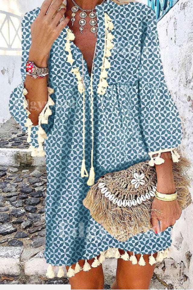 Geometric Print V-Neck Tassel Tunic Shift Dress
