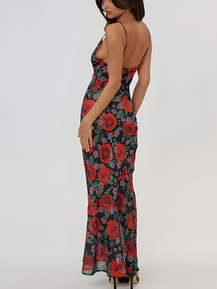 Rose Floral Print Cowl-Neck Spaghetti-Strap Slip Dress 4