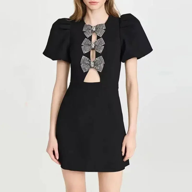 Embellished Heart Cutout Puff Sleeve A-Line Mini Dress