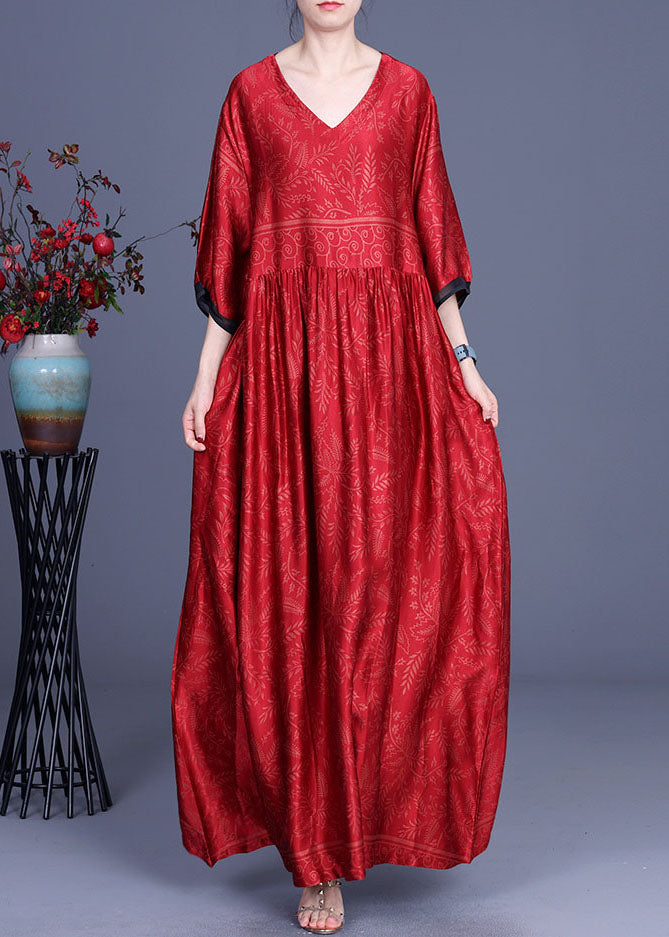 Satin Botanical Print V-Neck Contrast Trim Elbow Maxi Dress