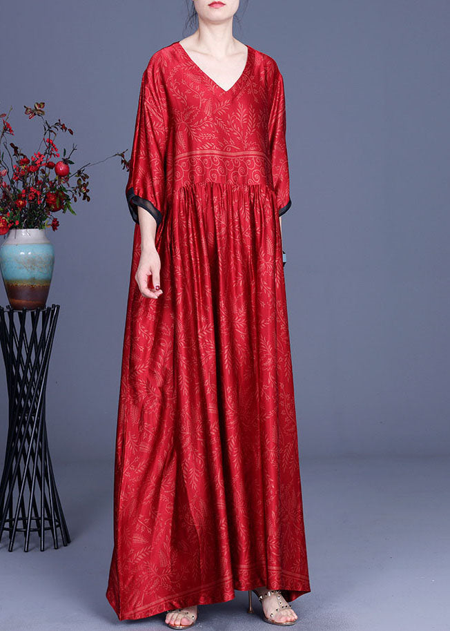 Satin Botanical Print V-Neck Contrast Trim Elbow Maxi Dress - View 2