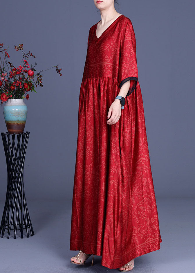 Satin Botanical Print V-Neck Contrast Trim Elbow Maxi Dress - View 3
