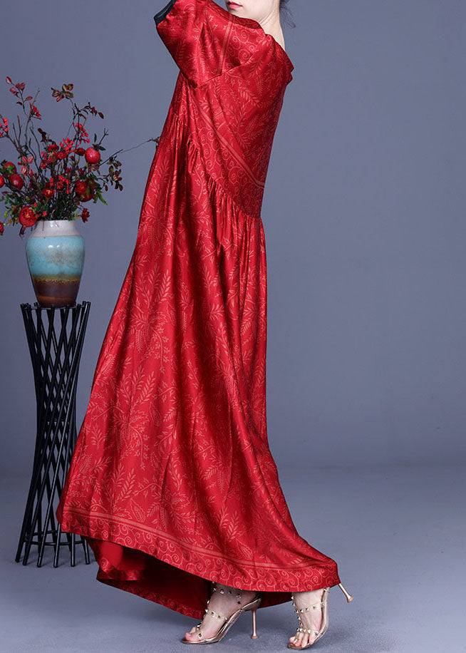 Satin Botanical Print V-Neck Contrast Trim Elbow Maxi Dress - View 4