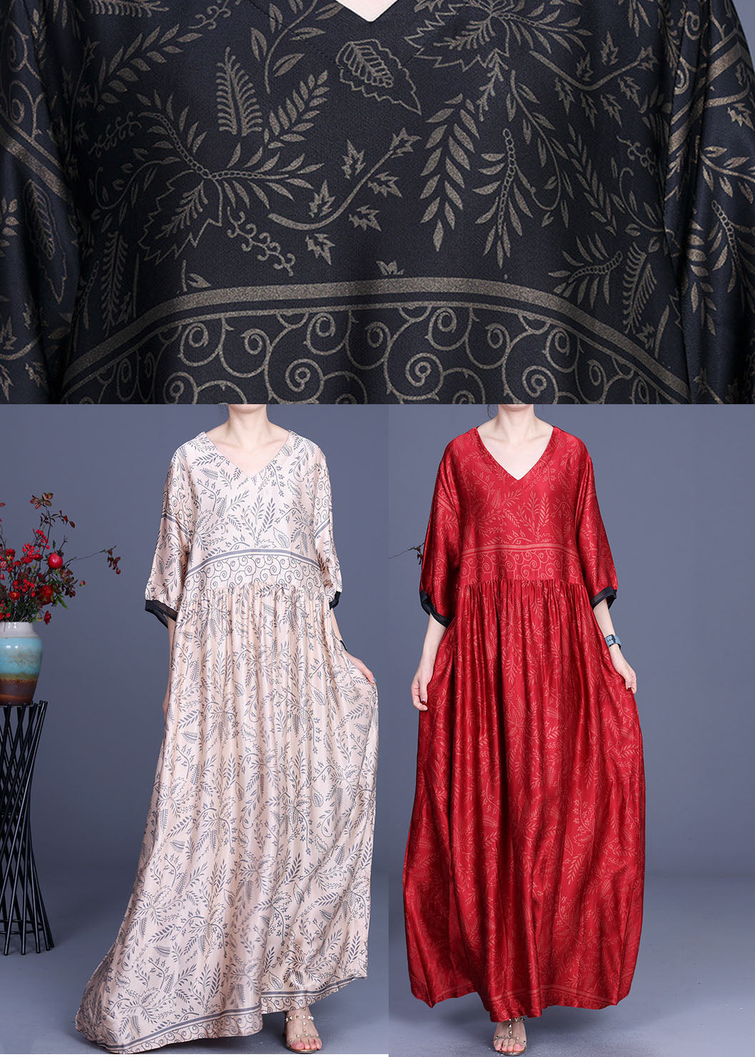 Satin Botanical Print V-Neck Contrast Trim Elbow Maxi Dress - View 5