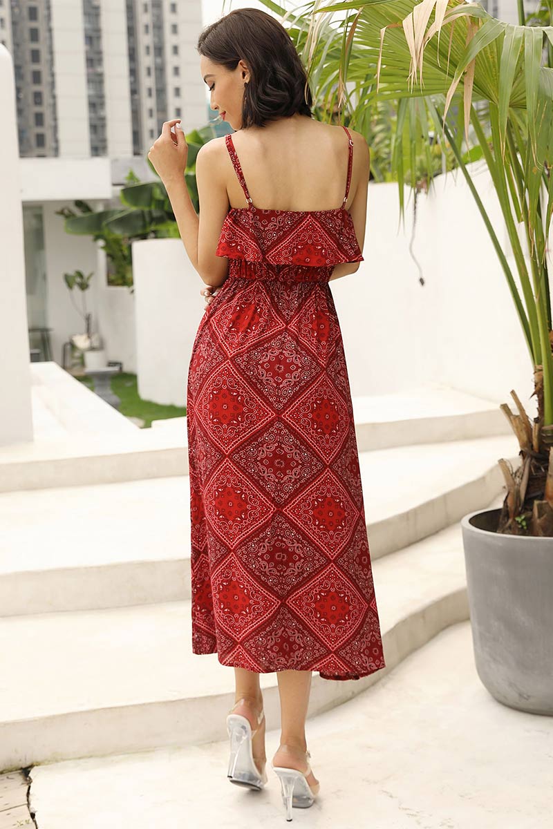 Red Square Print Backless Long Dress With Spaghetti Straps