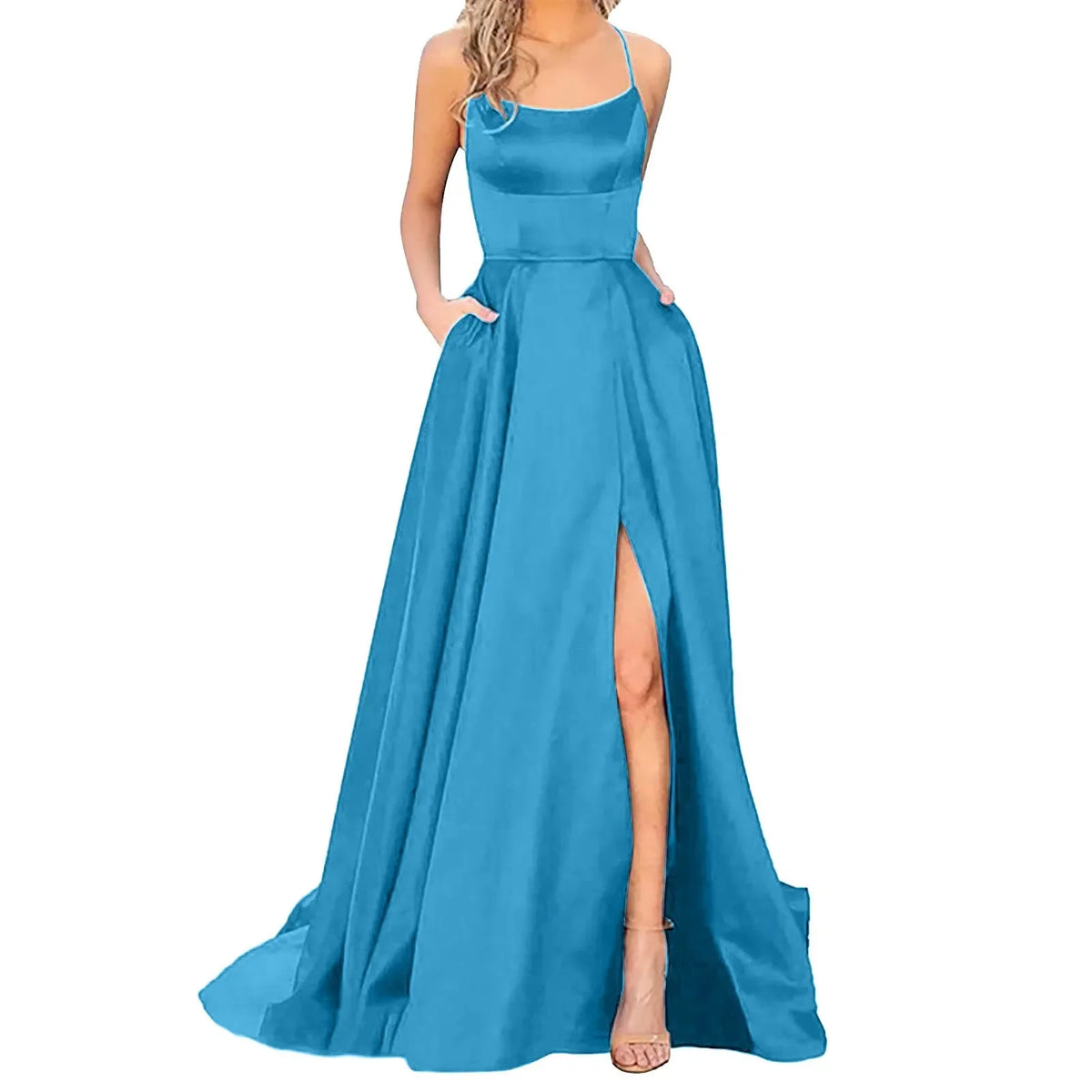Satin Spaghetti Strap Thigh-Slit A-Line Gown 2