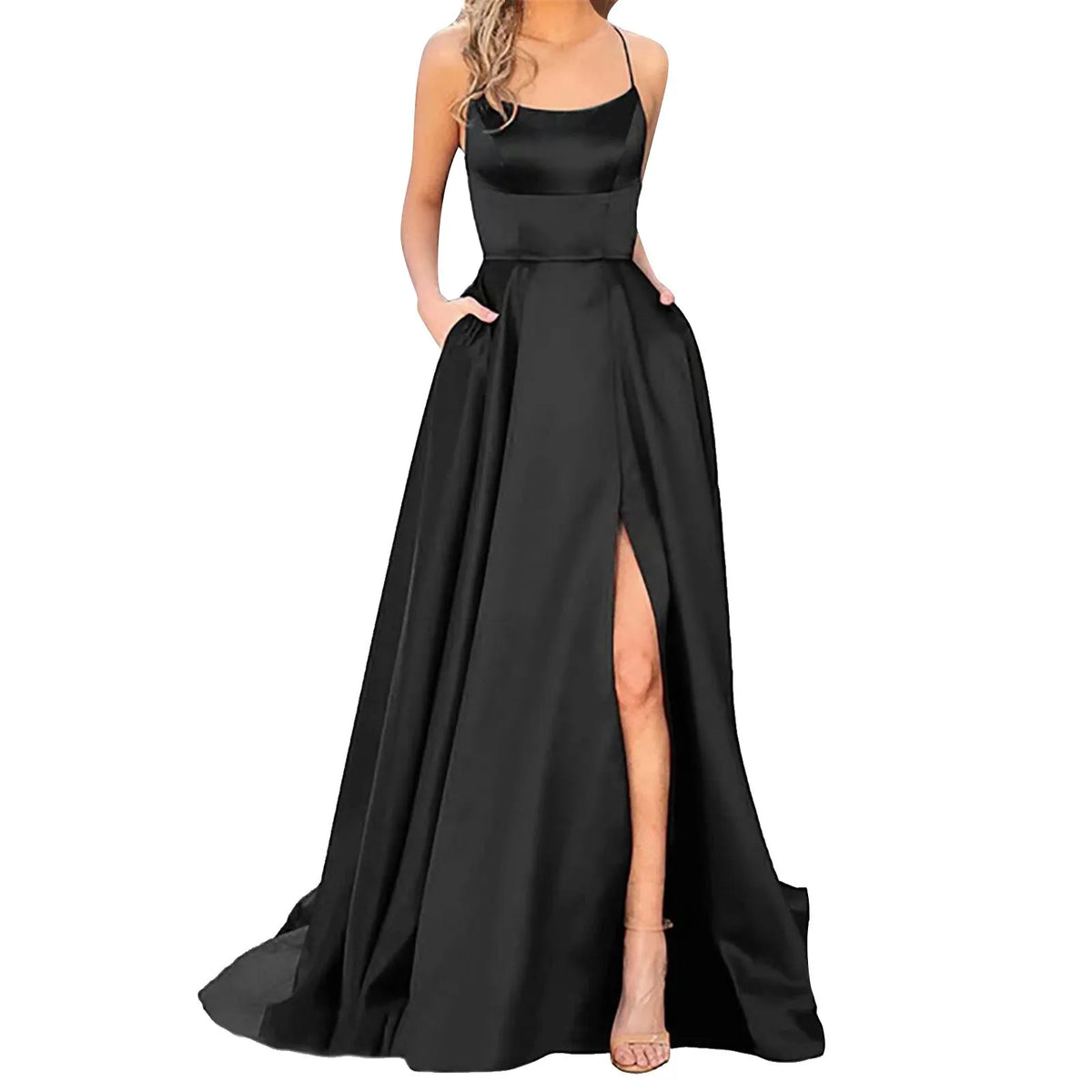 Satin Spaghetti Strap Thigh-Slit A-Line Gown 7