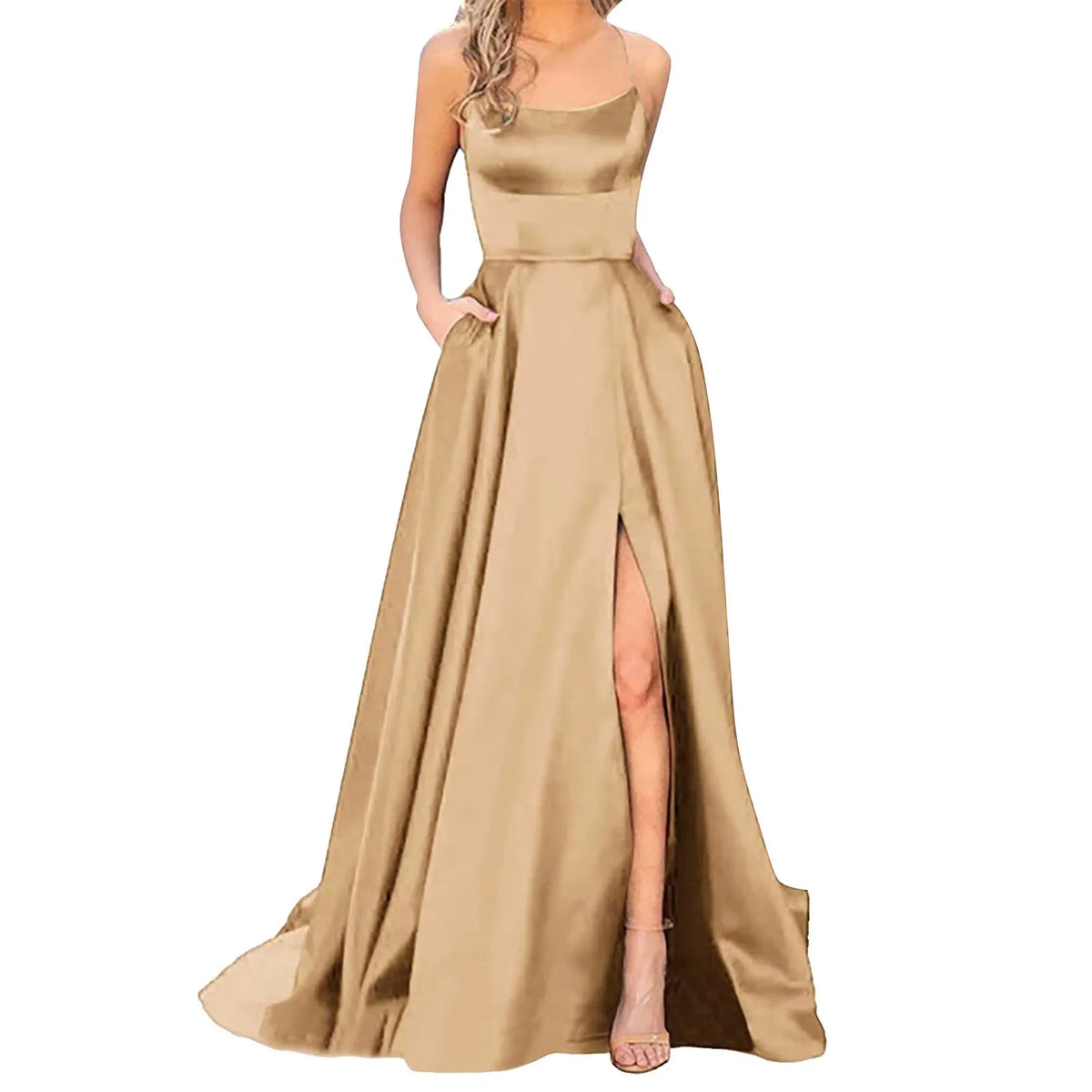 Satin Spaghetti Strap Thigh-Slit A-Line Gown 5
