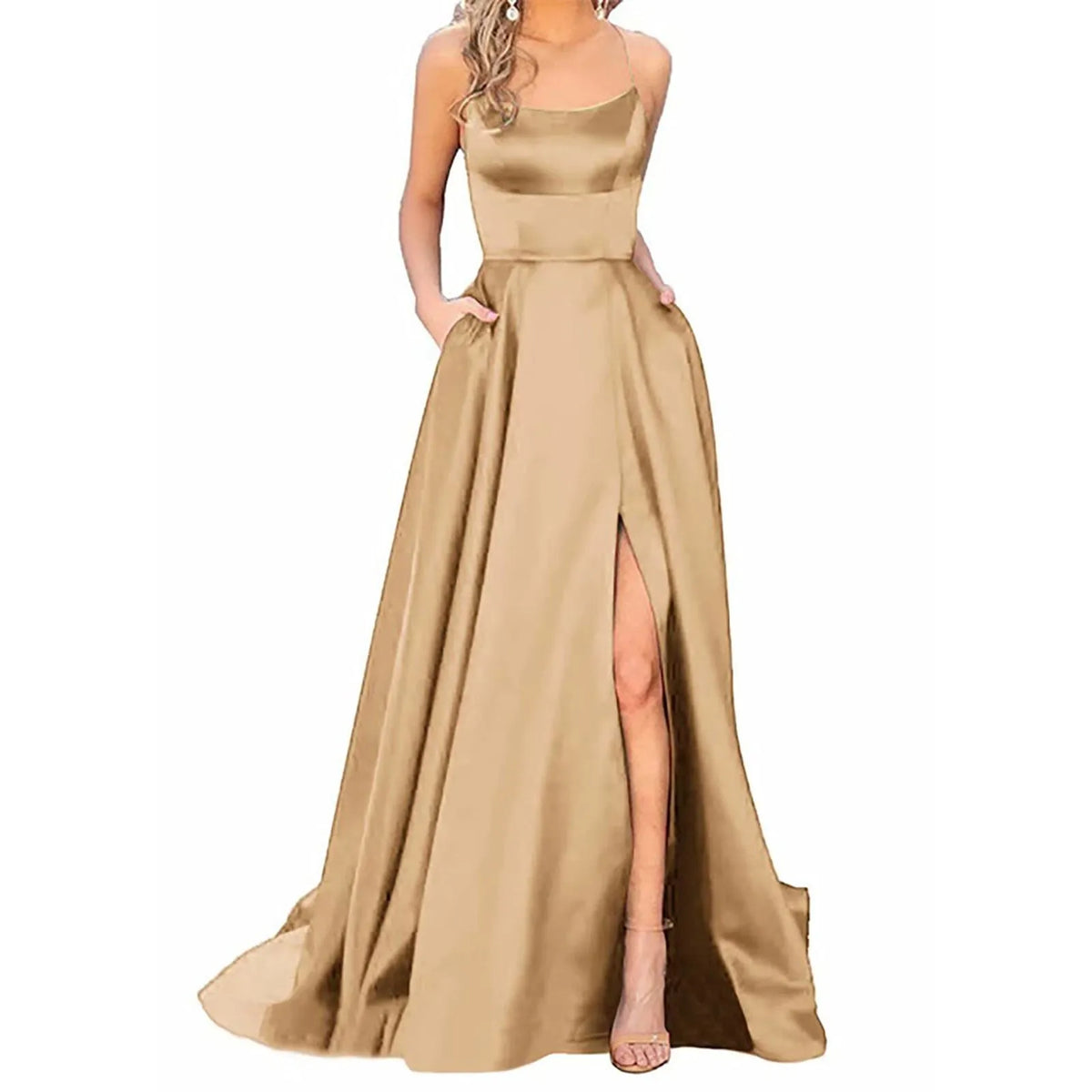 Satin Spaghetti Strap Thigh-Slit A-Line Gown 10