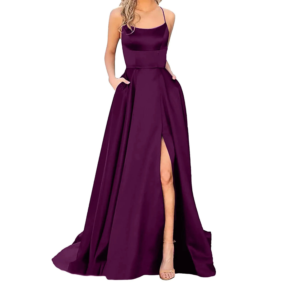 Satin Spaghetti Strap Thigh-Slit A-Line Gown 17