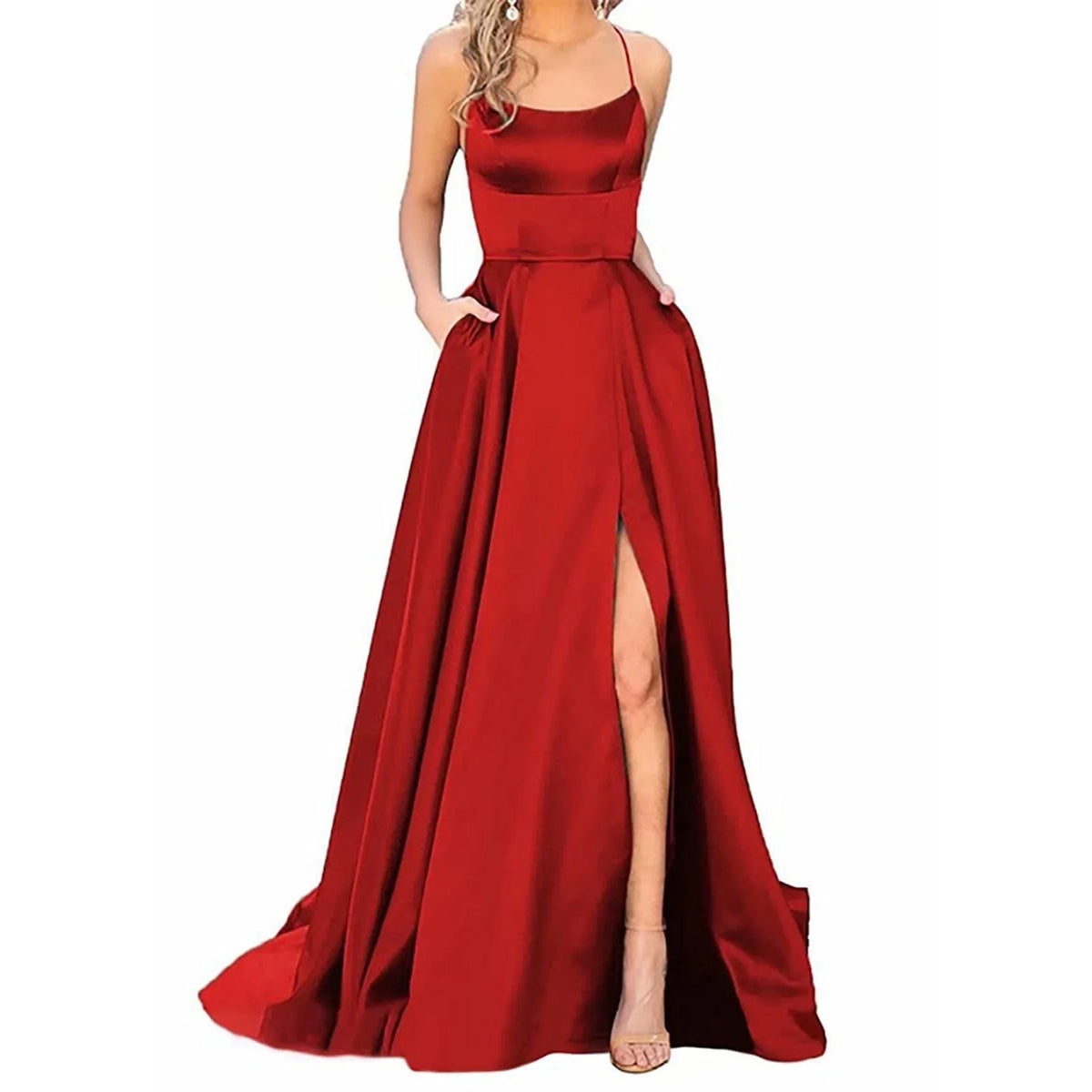 Satin Spaghetti Strap Thigh-Slit A-Line Gown 13
