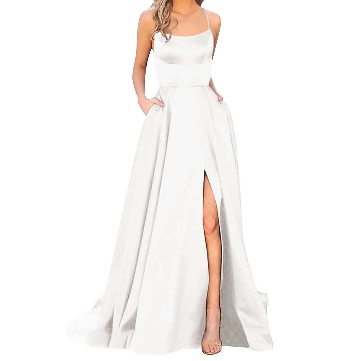 Satin Spaghetti Strap Thigh-Slit A-Line Gown 14