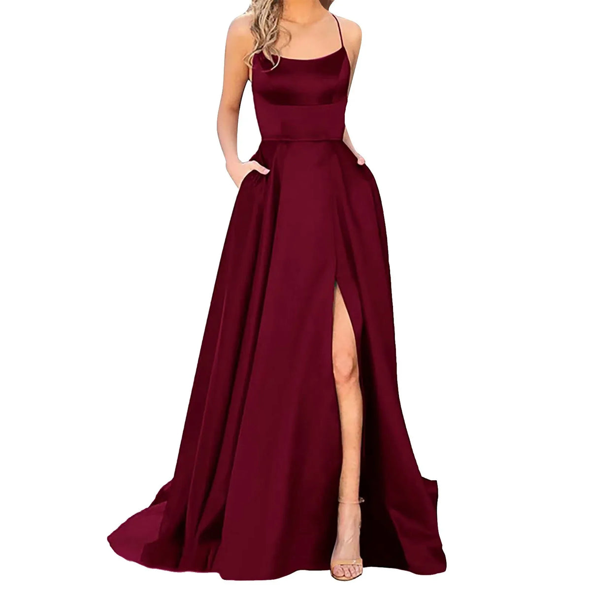 Satin Spaghetti Strap Thigh-Slit A-Line Gown 18