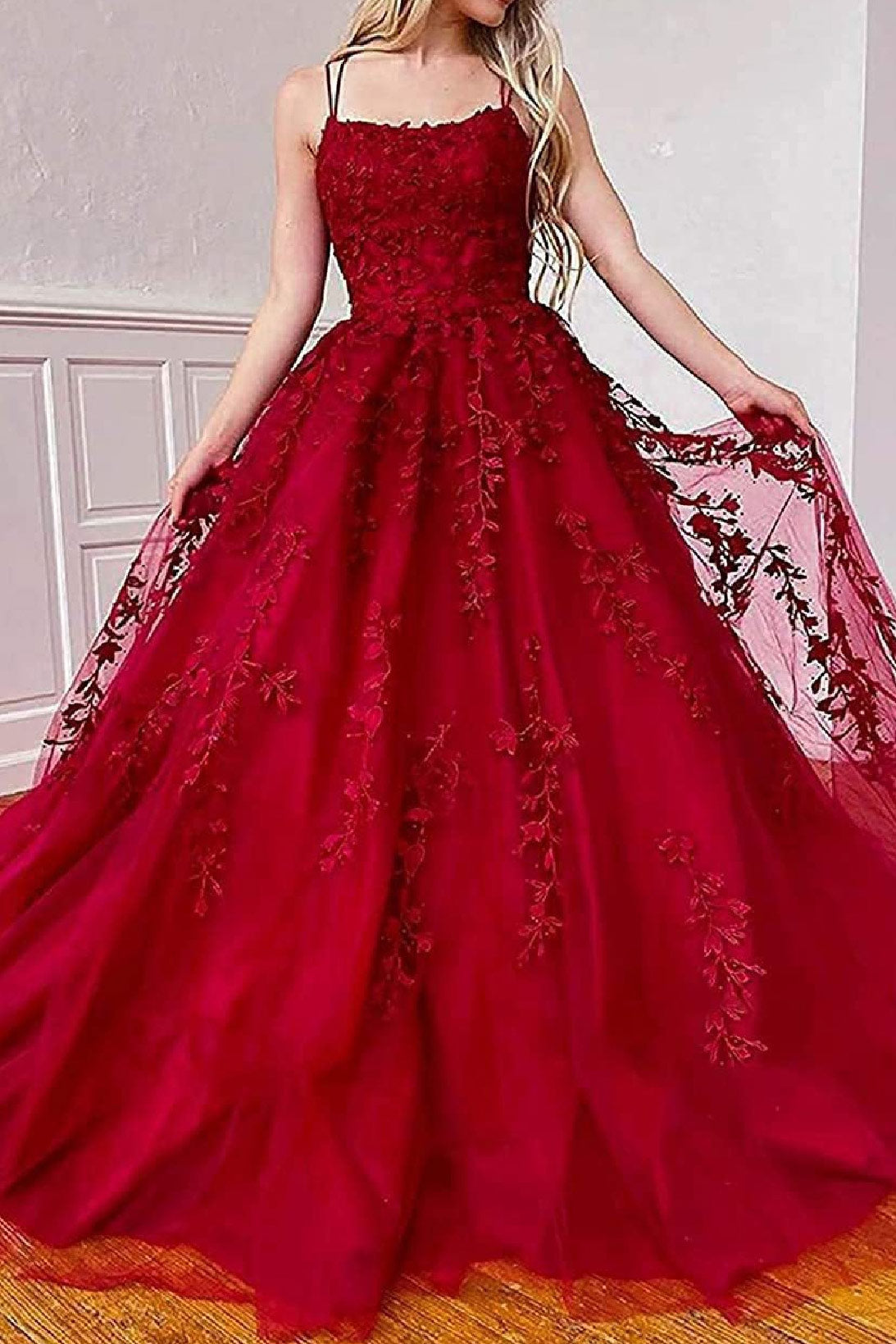 Red Embroidery Backless Ball Gown Prom Dresses  Fashionpara