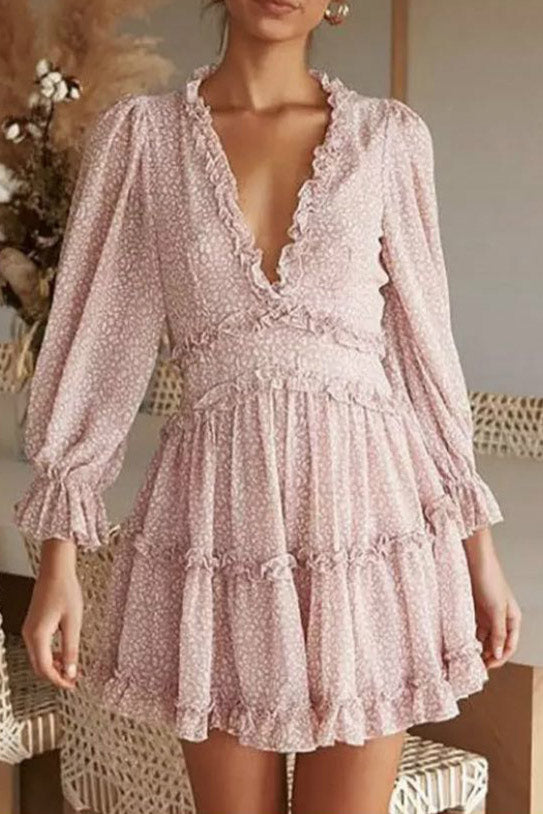 Red Floral Long Sleeve A-Line Short Mini Dress
