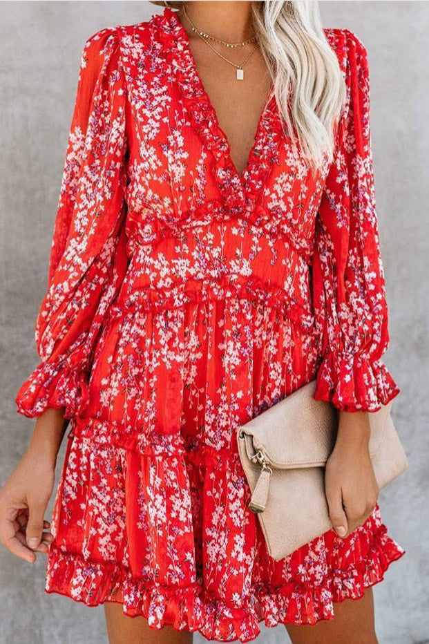 Red Floral Long Sleeve A-Line Short Mini Dress
