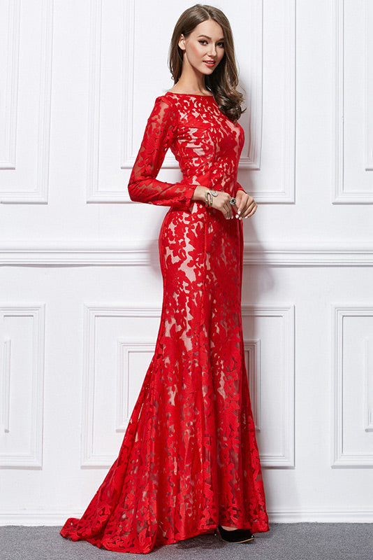 Red Lace Long Sleeve Prom Dress Evening Gown - Fashionpara