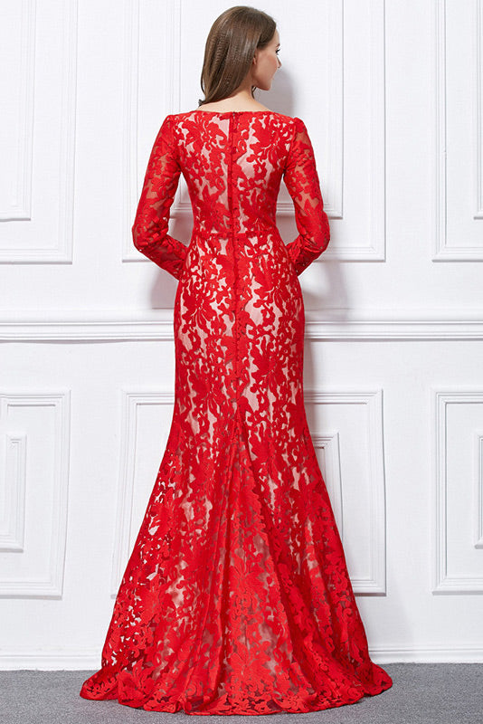 Red Lace Long Sleeve Prom Dress Evening Gown - Fashionpara