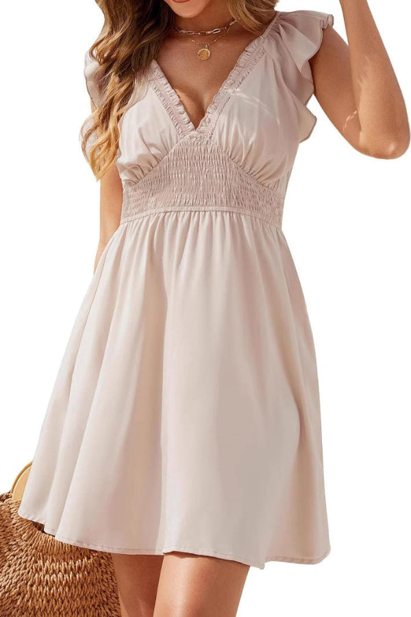 V-Neck Flutter Sleeve Smocked A-Line Mini Dress 4