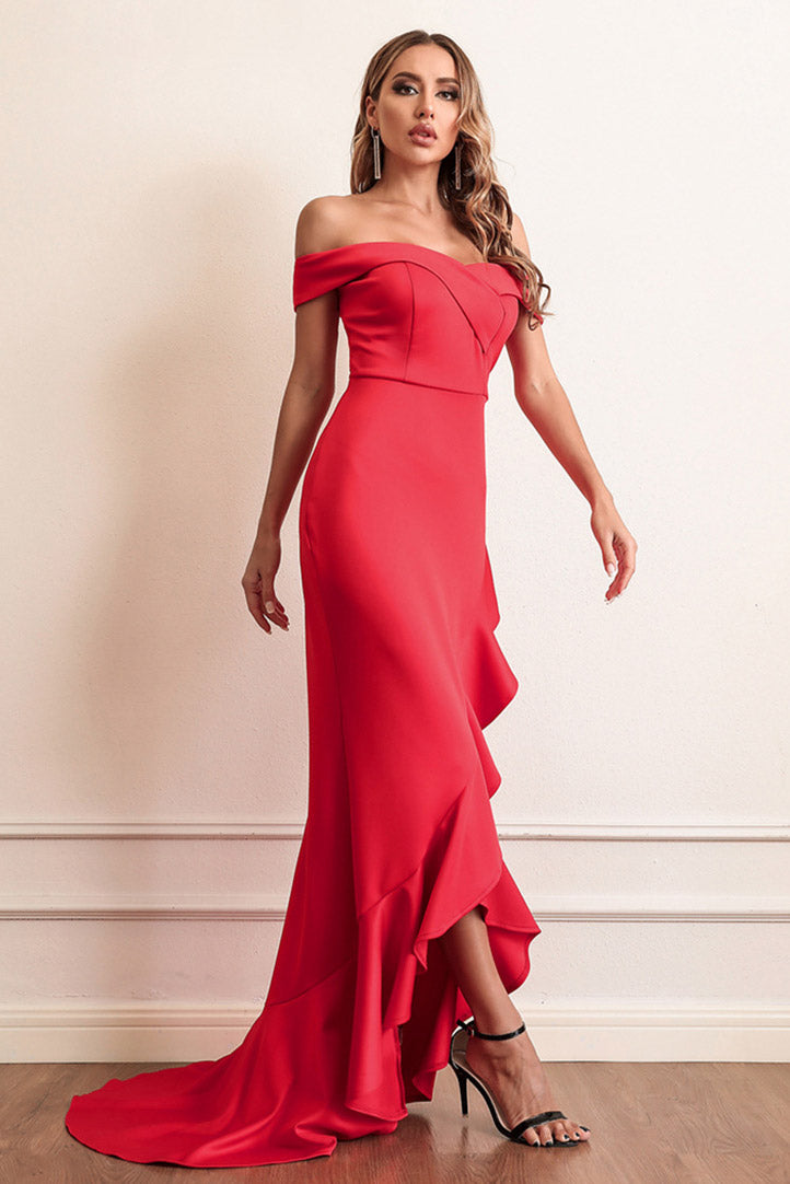 Red Off Shoulder High Low Formal Gown Evening Prom Dress  Fashionpara