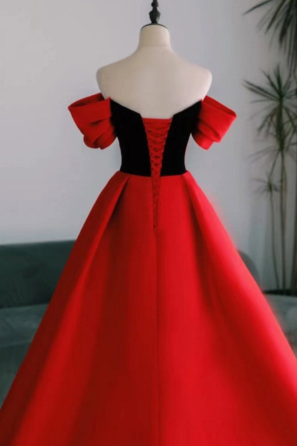 Red Off Shoulder Watteau Train Formal Evening Dress - Fashionpara