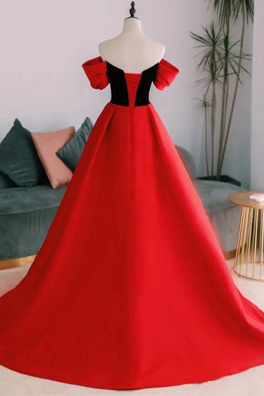 Red Off Shoulder Watteau Train Formal Evening Dress - Fashionpara