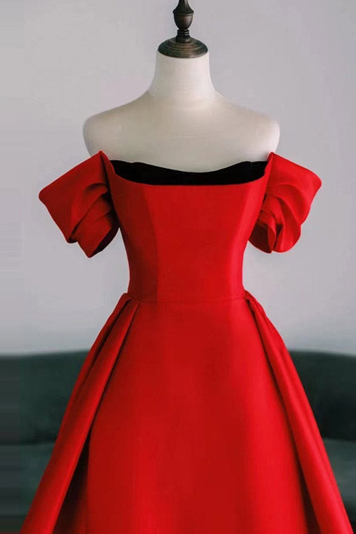 Red Off Shoulder Watteau Train Formal Evening Dress - Fashionpara