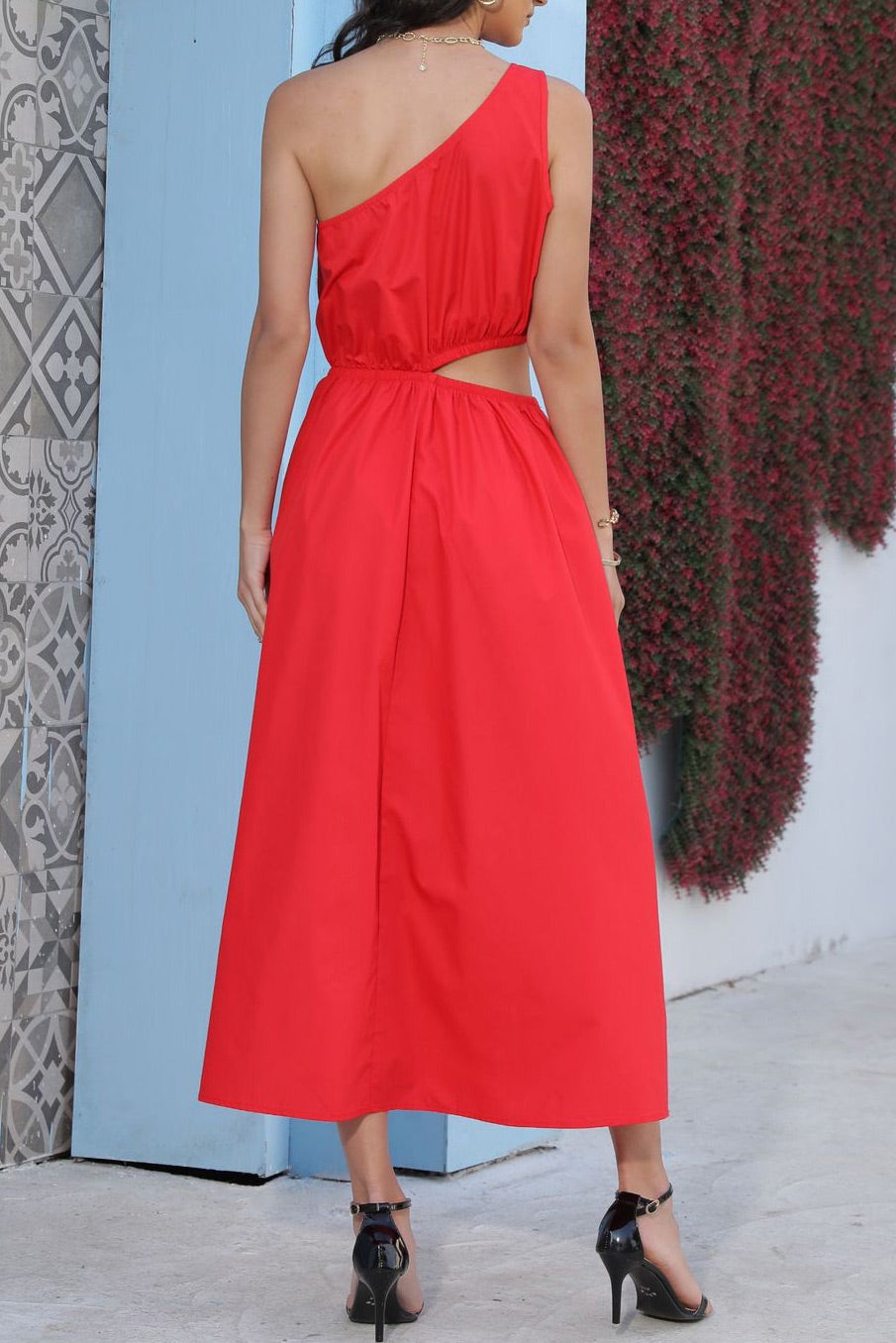 Chic Red One Shoulder Cut Out Maxi Dress  Fashionpara